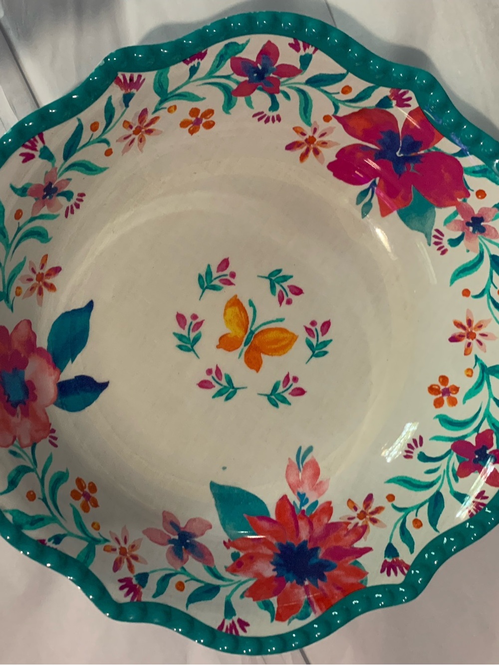 The Pioneer Woman Melamine Folk Geo Floral Teal Butterfly Salad/Pasta Bowl - Picture 3 of 5